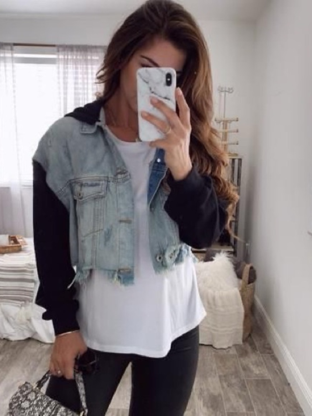 Dance & Marvel Light Wash Denim Crop Jacket with Black Hoodie Sleeves
